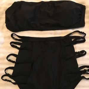 Black tube top, high waisted strapped bottoms L
